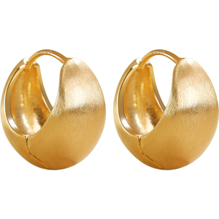 卡伦图哑光拉丝素圈耳环女K金色耳扣水滴胖耳圈999纯银针耳饰耳钉