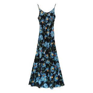 秘密盒子南风绘卷 真丝混纺油画感植物系印花深U露背吊带连衣裙