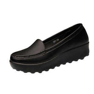 春夏平底女鞋单鞋厚底坡跟舒适工作黑色上班休闲皮鞋防滑防水工鞋