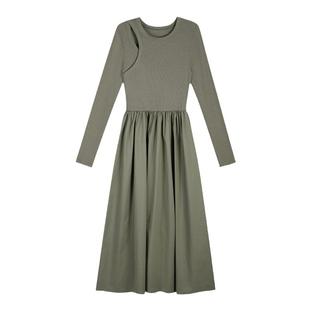 pusumede 长袖镂空针织拼接连衣裙女设计感小众收腰气质黑色长裙