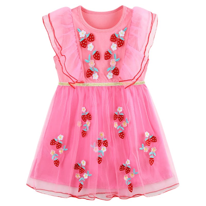 女童夏季连衣裙女童夏季公主裙纯棉飞袖卡通绣花summer girldress