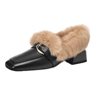 星期六冬季新款毛毛拖鞋保暖加绒高级感女平底单鞋豆豆鞋通勤百搭