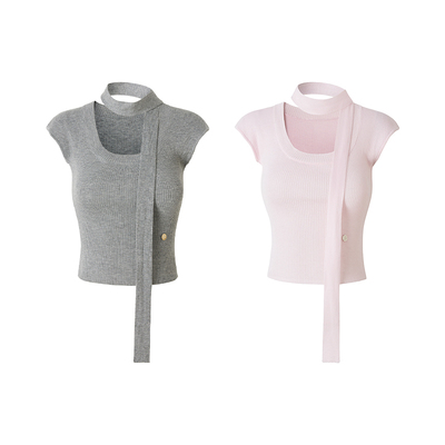 Uena后背分割镂空针织短袖T恤