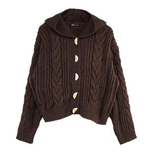 A21女装宽松连帽落肩开胸毛织外套春秋季新品休闲百搭慵懒风开衫