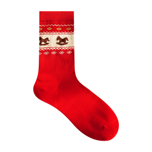 Himade socks新年红色费尔岛中筒袜子女秋冬季卡通大红袜圣诞长袜