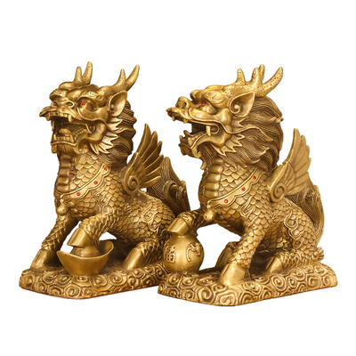 纯黄铜麒麟招财镇宅摆件一对客厅