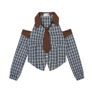 ASTRSK韩系古早味撞色格子露肩衬衫女春季辣妹修身设计感短款衬衣