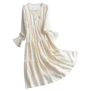 纯色优雅蝴蝶结系带V领松紧腰长袖蕾丝裙显瘦气质减龄连衣裙Q649