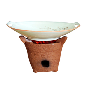 火锅店创意仿真煤炭干锅炉红泥土陶砂锅瓷托盘子底座意境餐具摆台