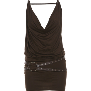 KLIOU 法式御姐风复古棕色荡领吊带连衣裙带腰带褶皱显瘦包臀短裙