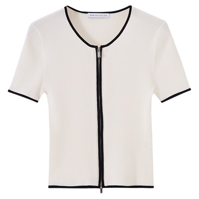 水云间白色修身短款短袖毛针织衫女双拉链上衣正肩显瘦2025夏新款