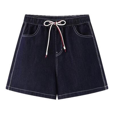 拉夏贝尔/La Chapelle复古系带牛仔短裤女夏季新款宽松直筒阔腿裤