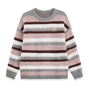 UNIFREE彩色条纹圆领毛衣女小狗刺绣美式复古秋冬宽松保暖针织衫