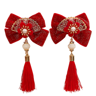 儿童新年红色蝴蝶结发夹头饰女中国古风前额侧边夹子宝宝马年发卡