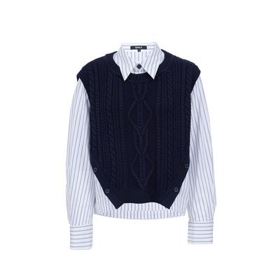 绫致ONLY2025秋季新款休闲百搭宽松假两件针织条纹蕾丝衫女