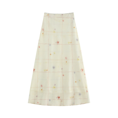 轻盈朦胧感碎花格高腰半裙