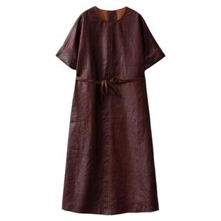 一丝牵 油皮香云纱红云纱通勤气质连衣裙 系带明线设计感真丝长裙