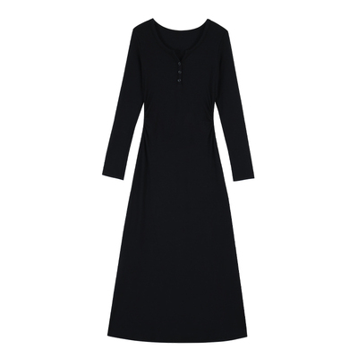 MULVAN 日常ballet 黑色v领长袖针织连衣裙女修身气质收腰打底裙