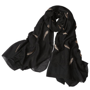 韩版春秋女士文艺棉麻围巾羽毛金银线绣花装饰两用大披肩百搭纯棉