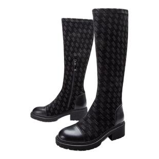 马内尔真皮弹力布拼接长筒女靴侧拉链增高显瘦冬季马丁靴G19831