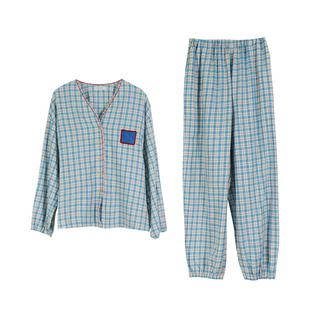 朵朵可可睡衣女2025春秋季新款棉麻V领格子长袖长裤家居服套装
