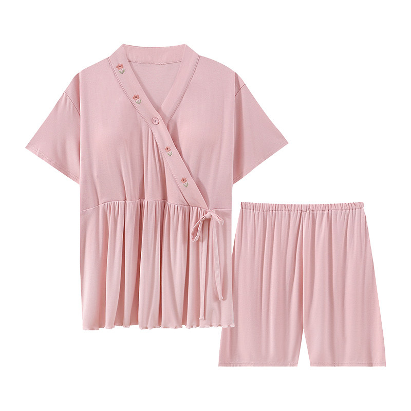 莫代尔带胸垫月子服女夏薄款5月份6孕妇哺乳睡衣家居服可外穿短袖