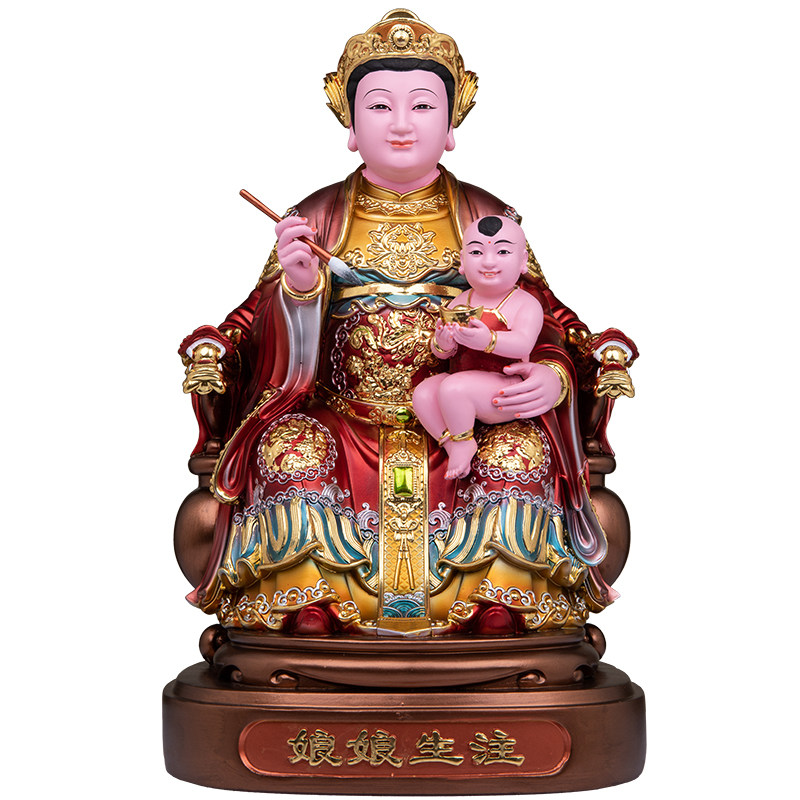 注生娘娘树脂金缕彩抱小孩临水夫人家用供奉佛堂神像摆件