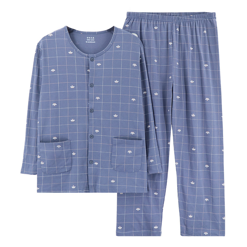 中老年男长袖全棉开衫家居服套装