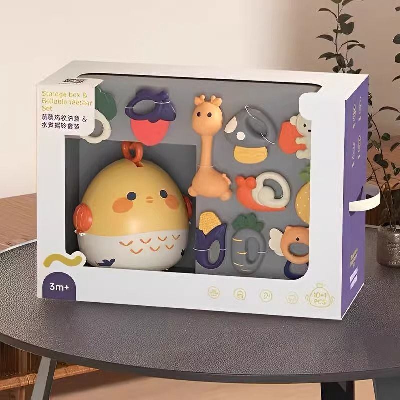 优乐恩牙胶摇铃玩具礼物满月童新生礼3-12礼盒套装婴儿月安抚鸡婴