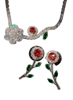 音符露珠花朵宝石项链 波光粼粼 镀18K金 石榴红小花锆石耳环套装