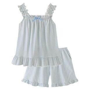 『绵云晴空』清新格纹田园风情侣装睡衣夏季女款大码短袖家居服男