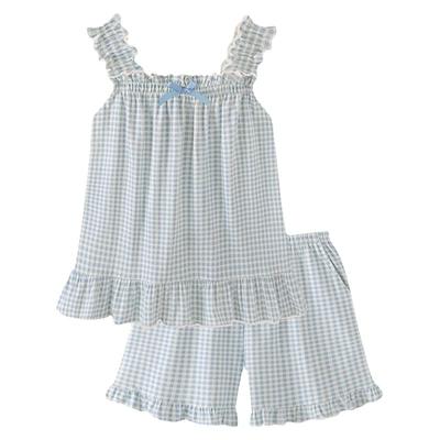 情侣夏季纯棉简约格子睡衣