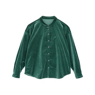 素槿壹旧圣诞绿高端平绒外套打底衫小翻领宽松保暖灯芯绒衬衫女