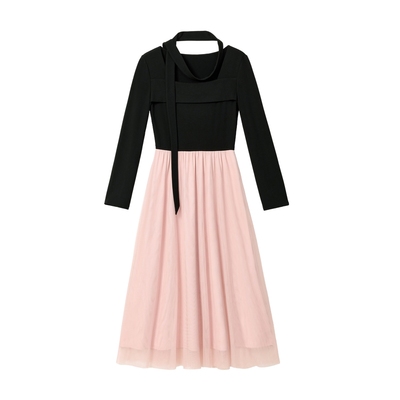 蓝语法式气质撞色拼接长袖连衣裙