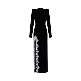 XULU原创秋冬气质黑色丝绒拼接蕾丝花边性感高开叉收腰显瘦连衣裙