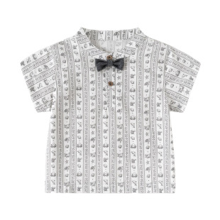 Oak mont男童短袖衬衫纯棉A类衣服宝宝周岁礼服洗水满印花衬衣