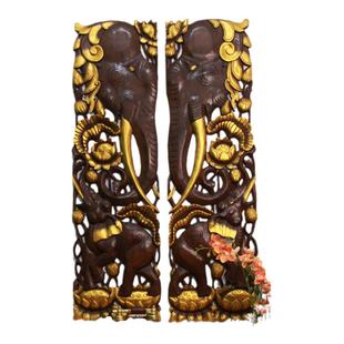 泰国木雕工艺品实木雕花板玄关电视背景墙墙面挂件壁挂大象头装饰