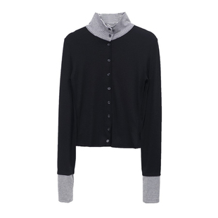 eihey诶嘿韩系假两件条纹拼接长袖T恤女冬季修身半高领开衫打底女