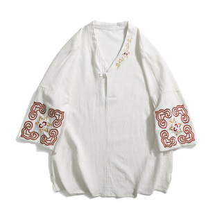 夏季刺绣棉麻短袖汉服男中式改良现代唐装七分袖中国风大码潮