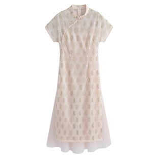 固执2025夏季新款新中式蕾丝刺绣改良短袖旗袍长裙连衣裙套装女