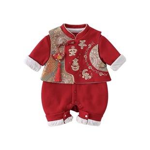 百天宝宝衣服春秋套装双层连体衣男女宝宝礼服周岁新生儿红色哈衣