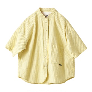夏季新品 桑妮库拉/Sunny clouds 纯棉立领落肩条纹衬衫黄色短袖