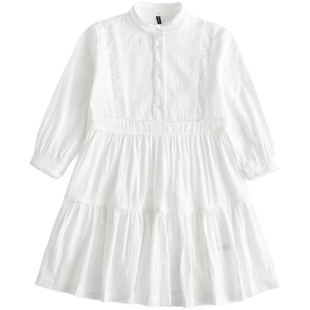 纯真年代 意大利童装 白色春夏女大童提花泡泡纱小立领长袖连衣裙