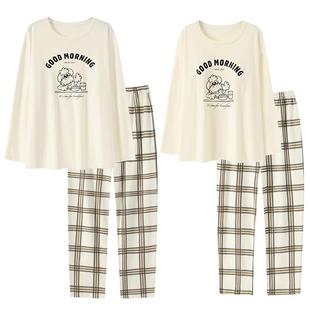 可人儿春秋季情侣纯棉睡衣简约休闲带胸垫圆领长袖男女家居服套装