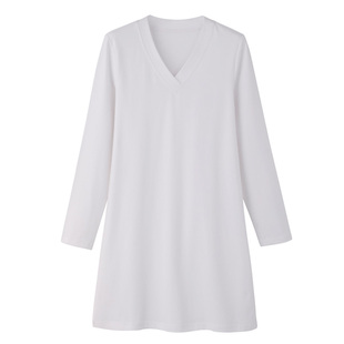 白色V领中长款t恤女长袖纯棉宽松大码开叉上衣磨毛秋冬打底衫体恤