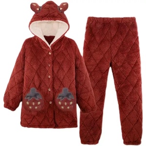 睡衣女冬季珊瑚绒三层夹棉加绒加厚韩版可爱法兰绒保暖家居服套装