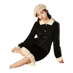 唐狮黑色针织连衣裙秋款女秋冬季法式长裙小个子毛衣裙女装裙子q2