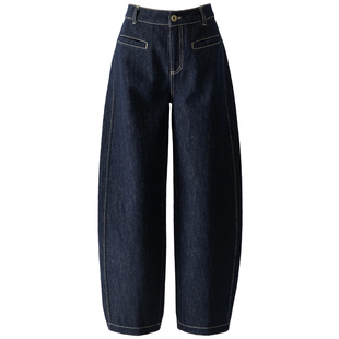 防褪色丹宁蓝阔腿牛仔裤女2025新款深蓝色加绒裤子秋冬女裤弯刀裤