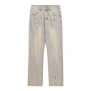 记得加辣美式高街拼接黄泥染色牛仔裤女水洗复古直筒微喇长裤子男