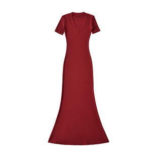 YoungGirlDay 卡戴珊性感V领收腰显瘦短袖包臀鱼尾连衣裙拖地长裙